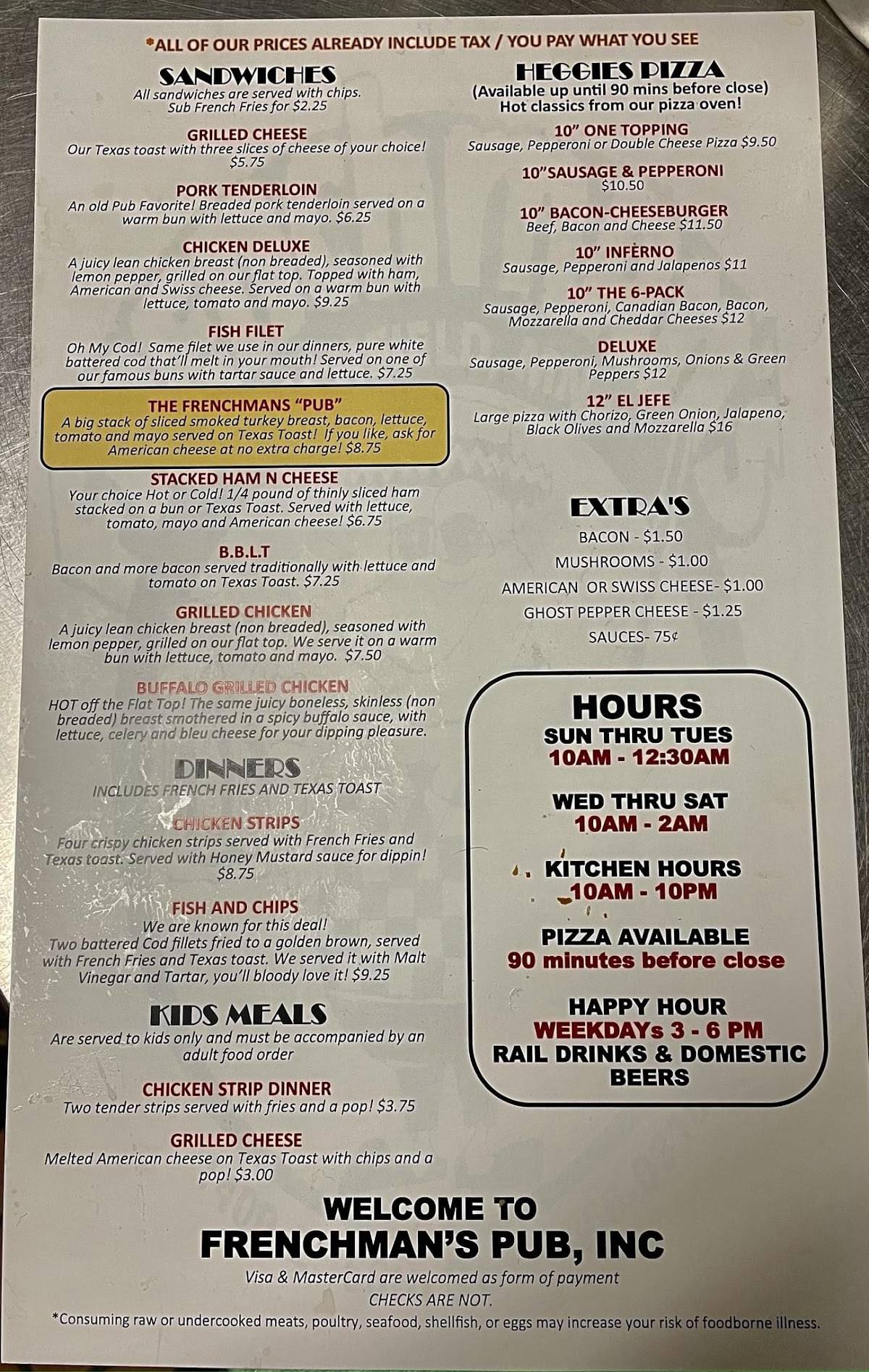 Menu at Frenchman's PubRichfield, Minneapolis