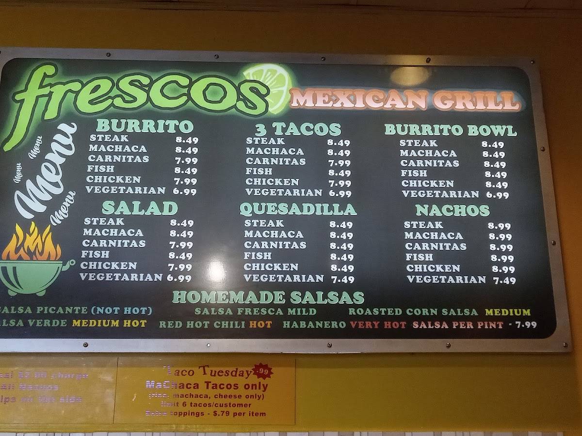 Menu at Fresco's Mexican Grill & Gourmet Frozen Yogurt restaurant, Ada