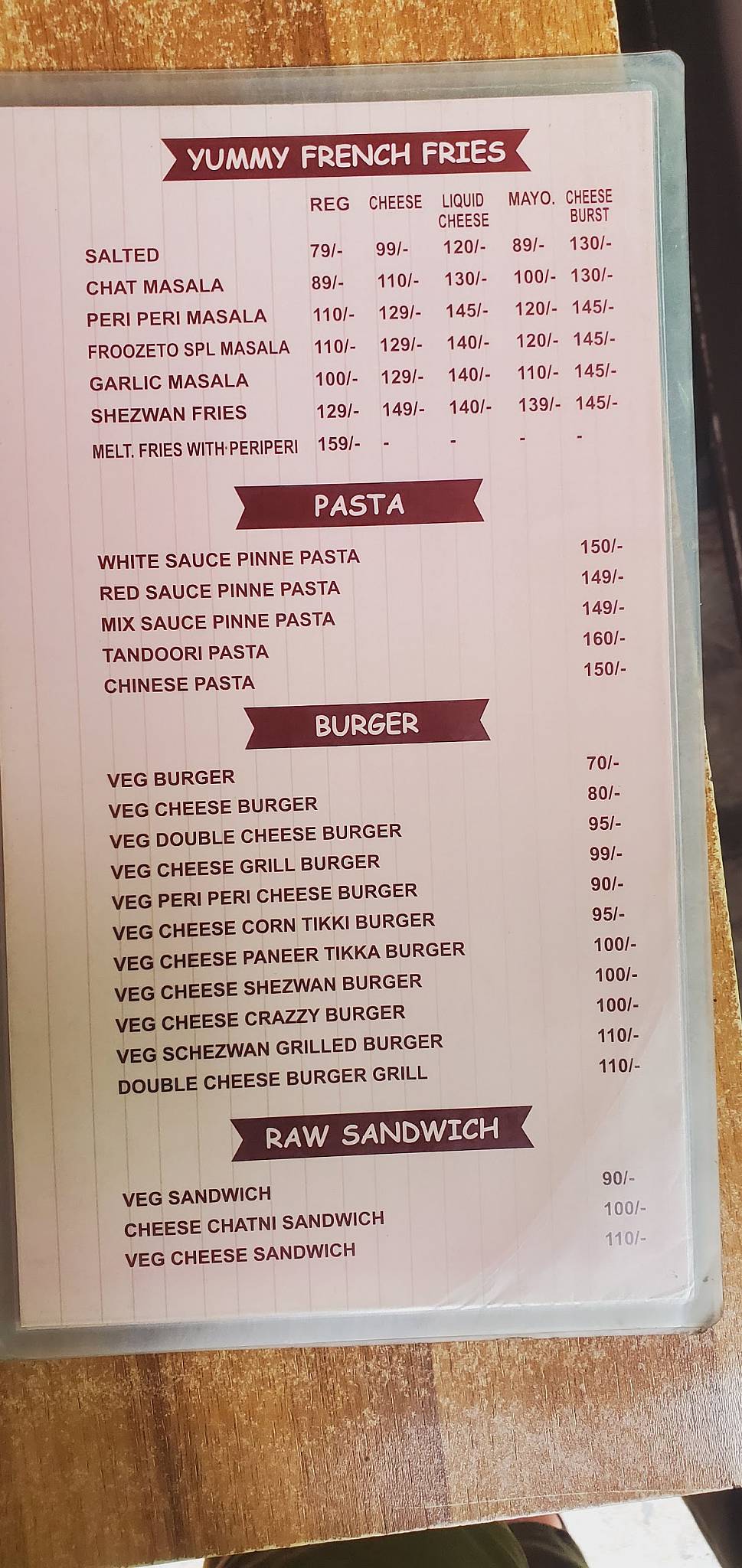Froozeto menu