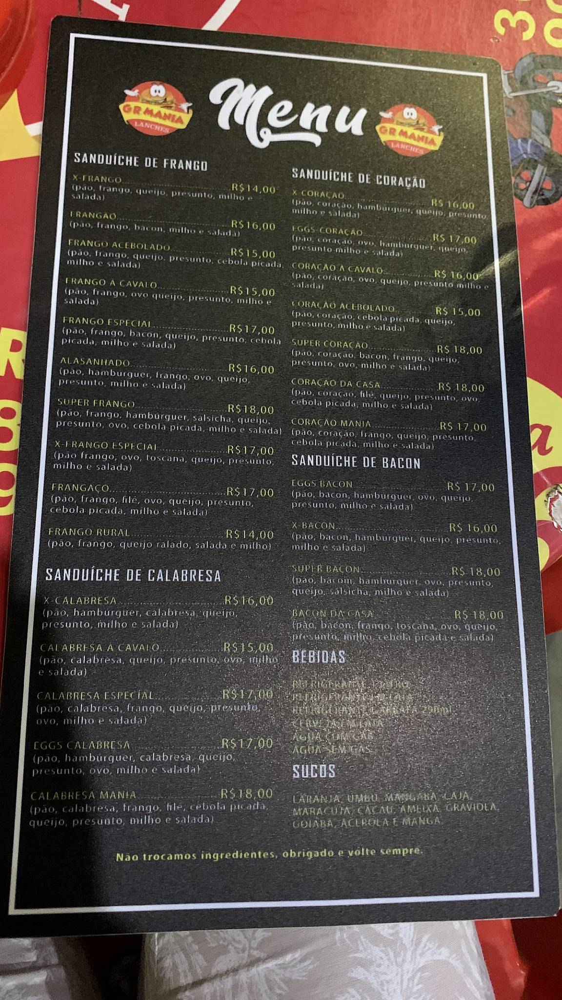 GR MANIA LANCHES cardápio