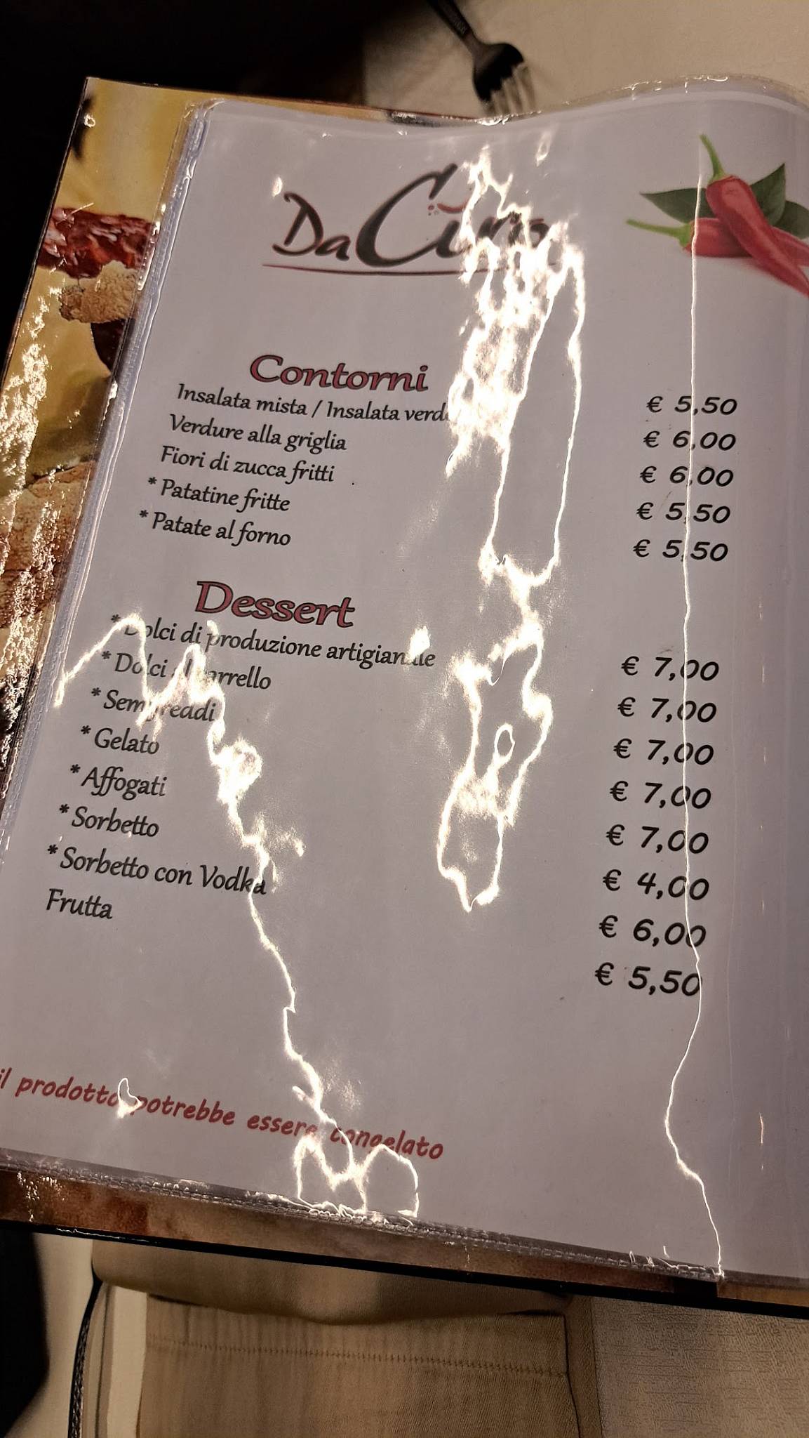 Menu de Da Ciro