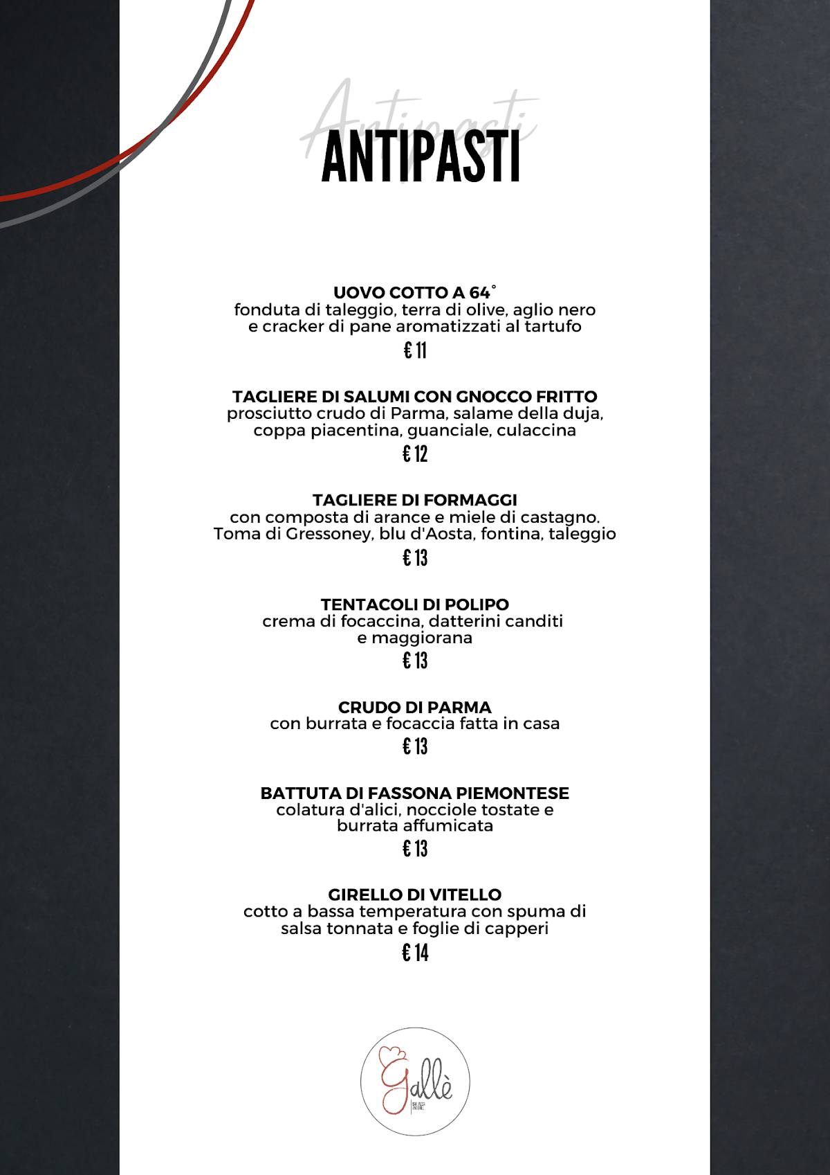 Menu di Gallè | Ristorante Bar Pizza & Grill 