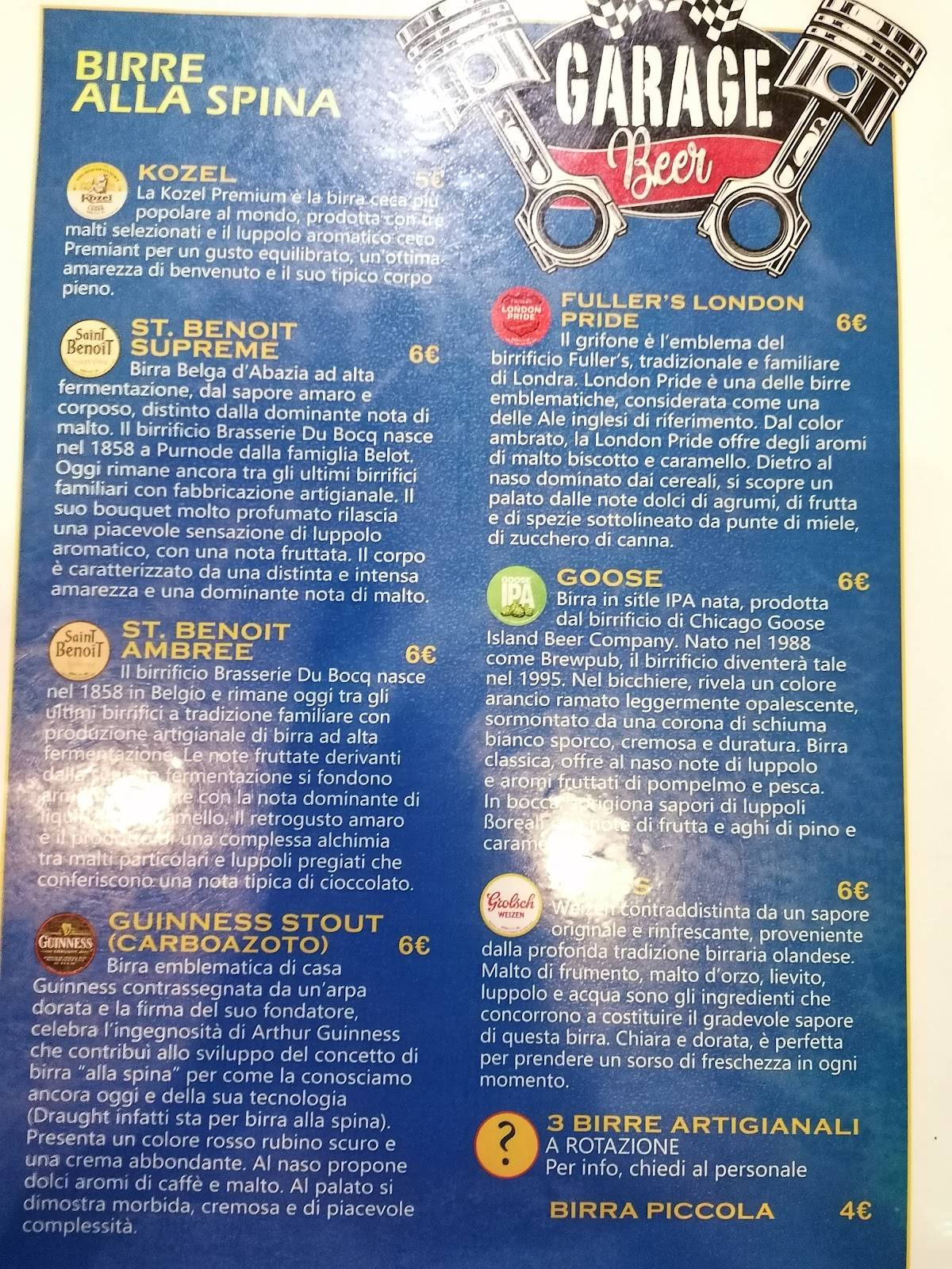 Menu di Garage Beer 