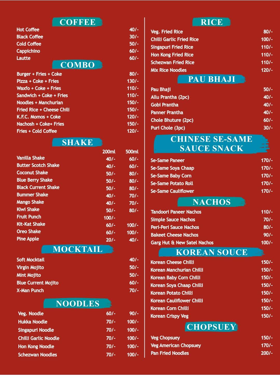Garg Cafe menu