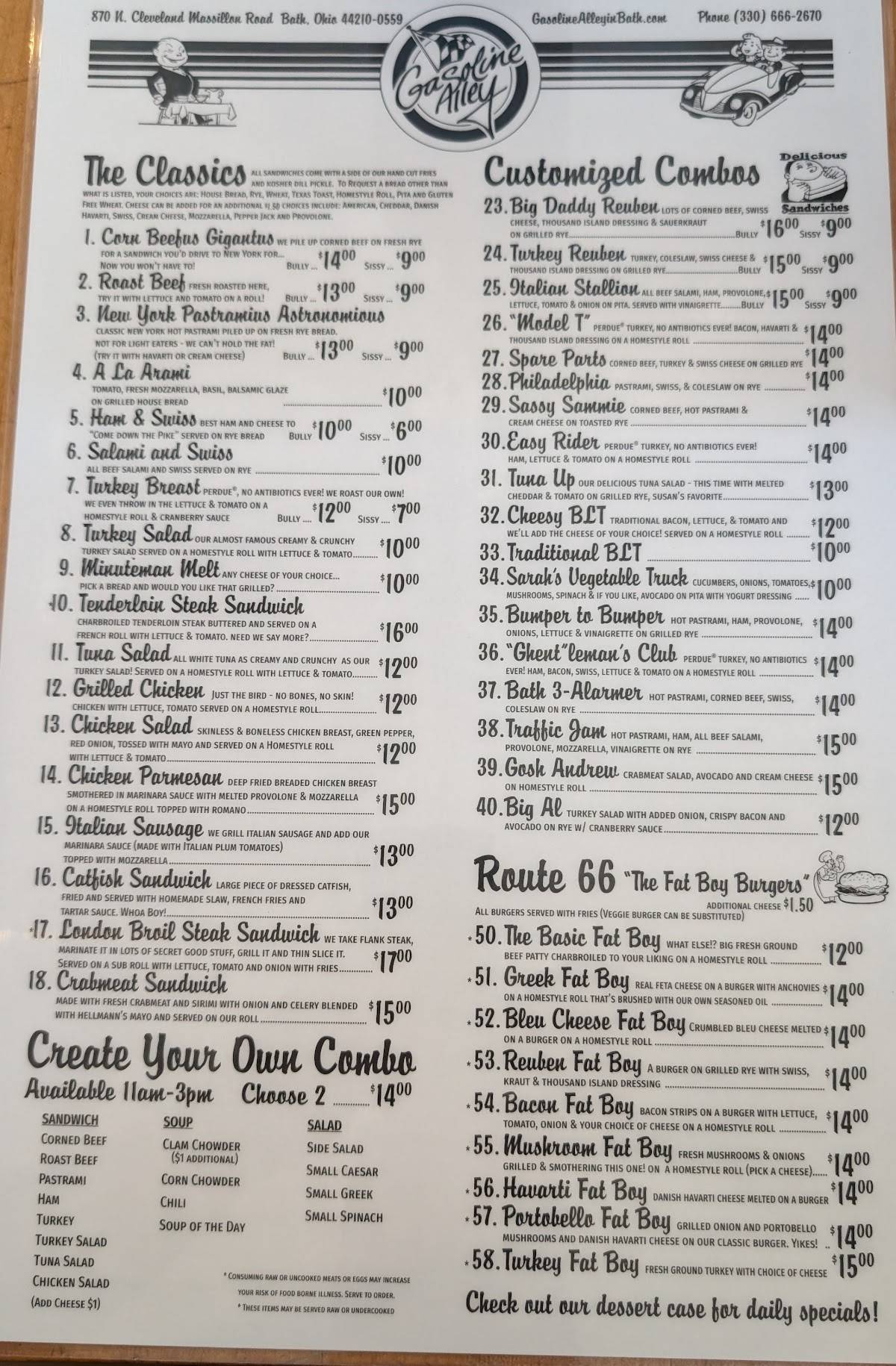Menu at Gasoline Alley restaurant, Akron