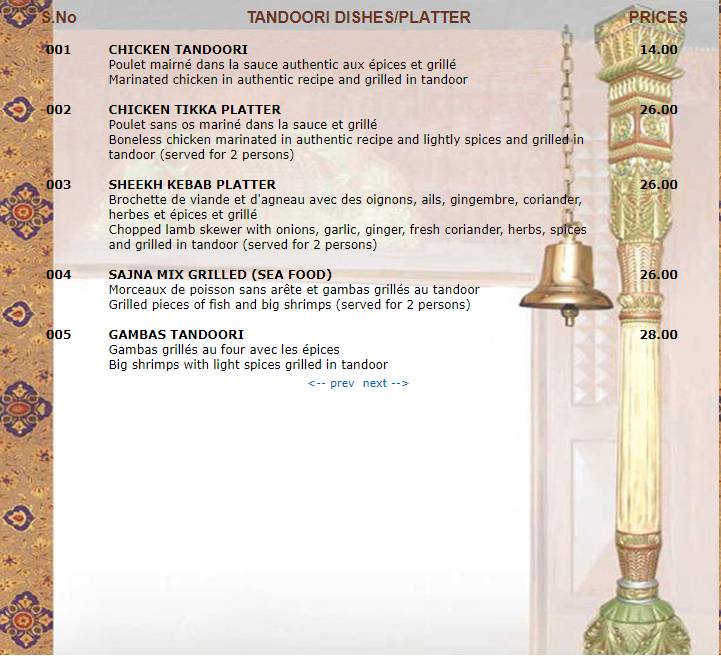 Menu di Sajna Restaurant 