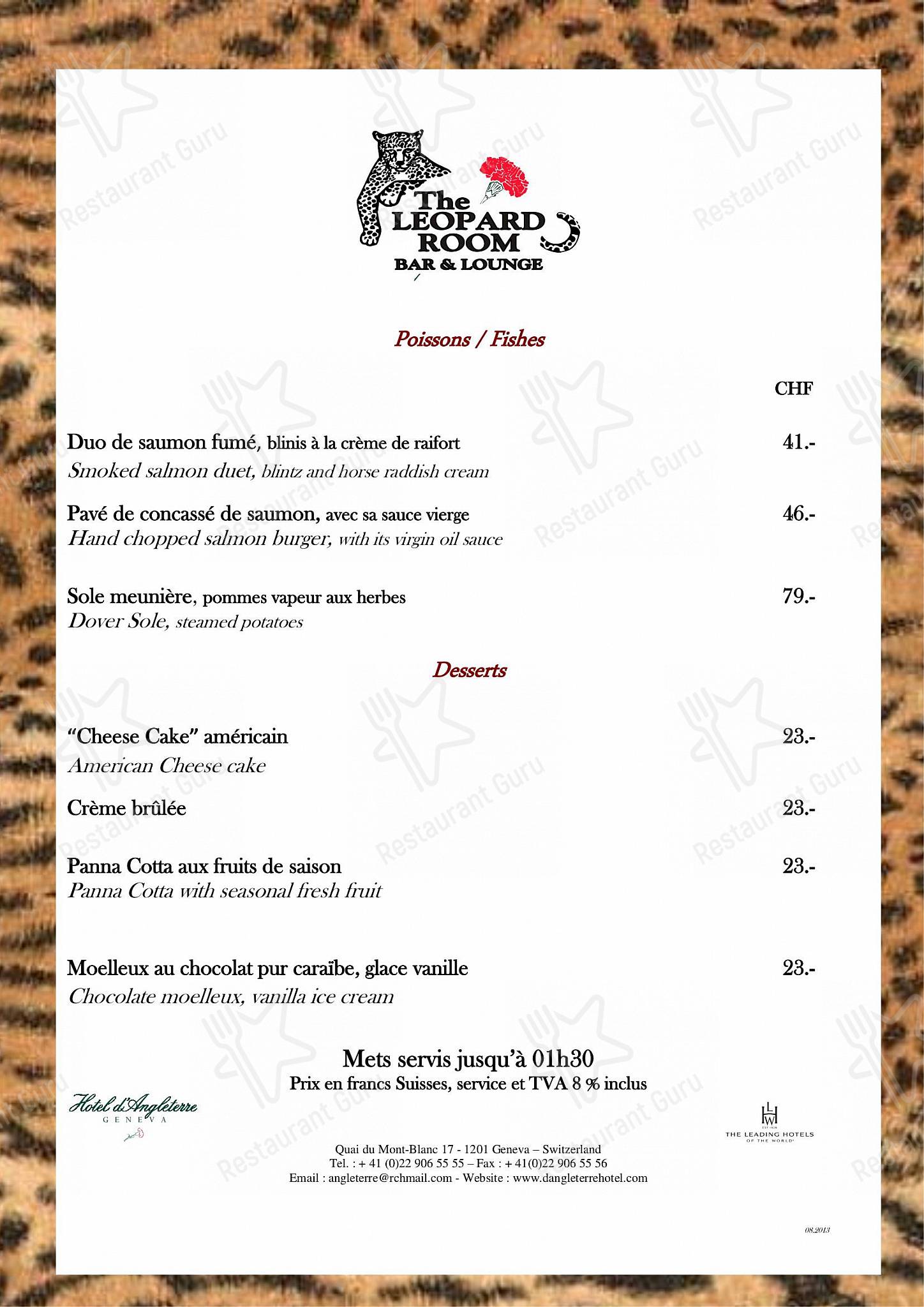 Menu pour The Leopard Room Bar & Lounge - Dinner Menu