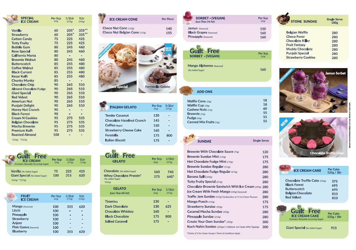 Giani Ice Cream & More menu