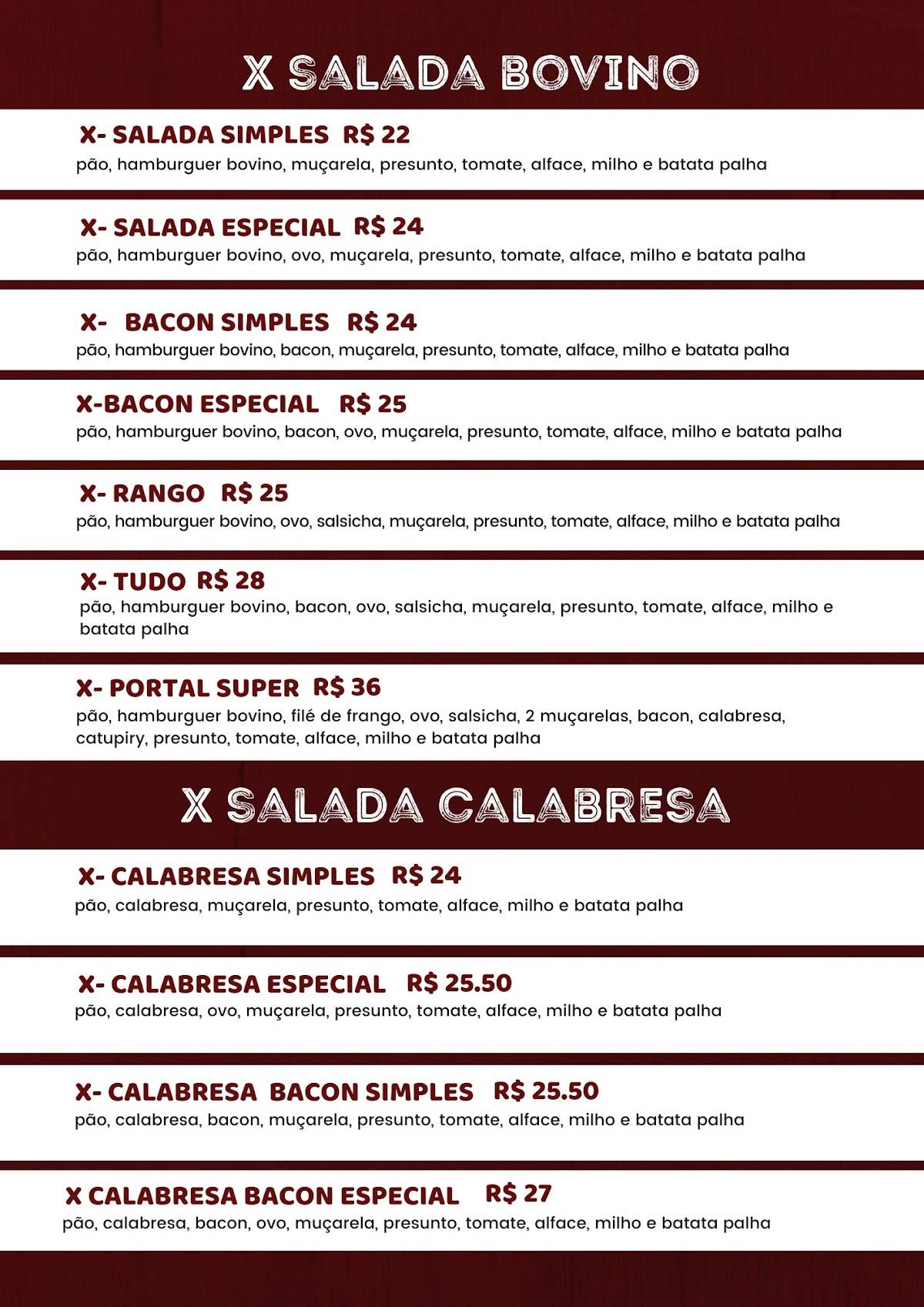 Portal Pizza e Burguer cardápio