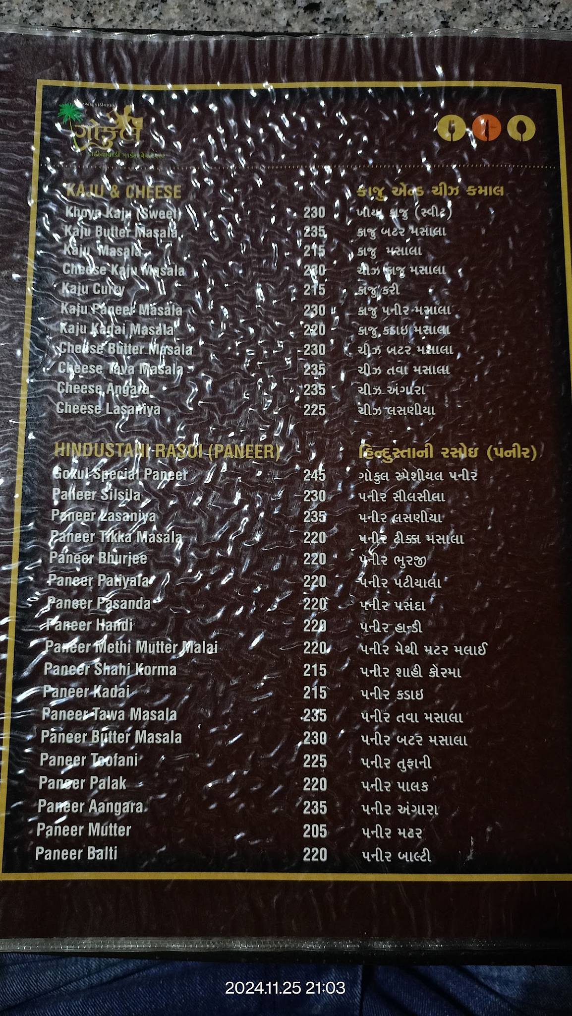 Gokul Kathiyawadi Garden Restaurant menu