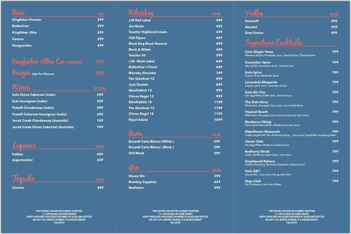 Gola Sizzlers, Lulu Mall menu