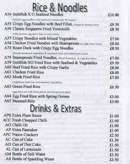 Menu at Goldfish restaurant, London, 16 Hampstead High St