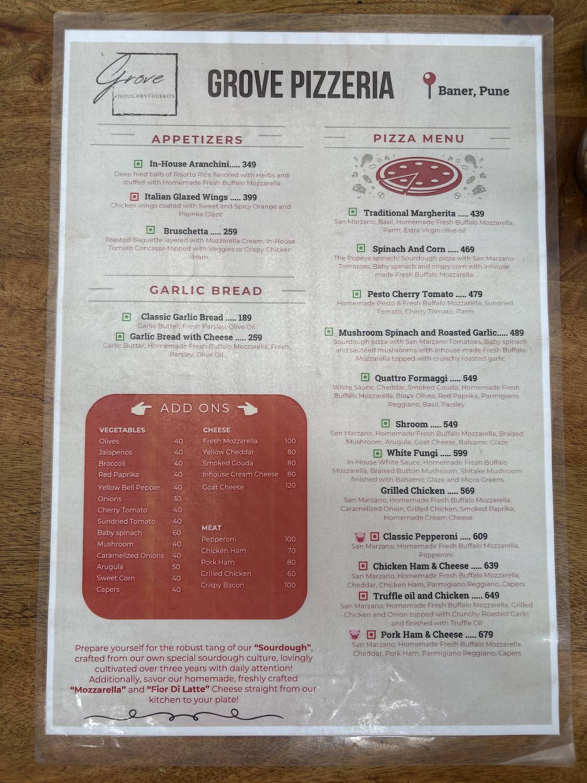 Grove Pizzeria menu