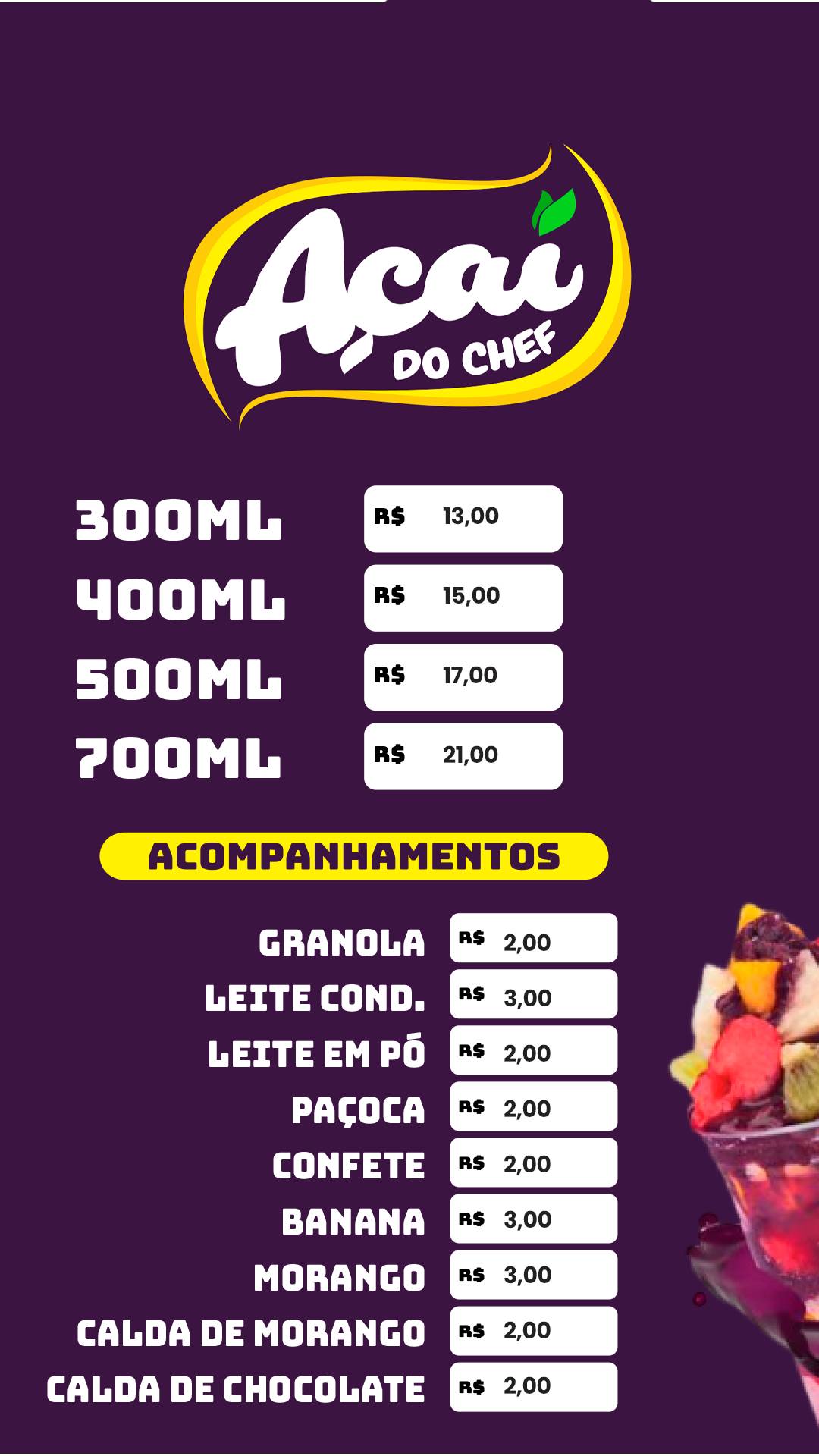 Chef sobre rodas cardápio