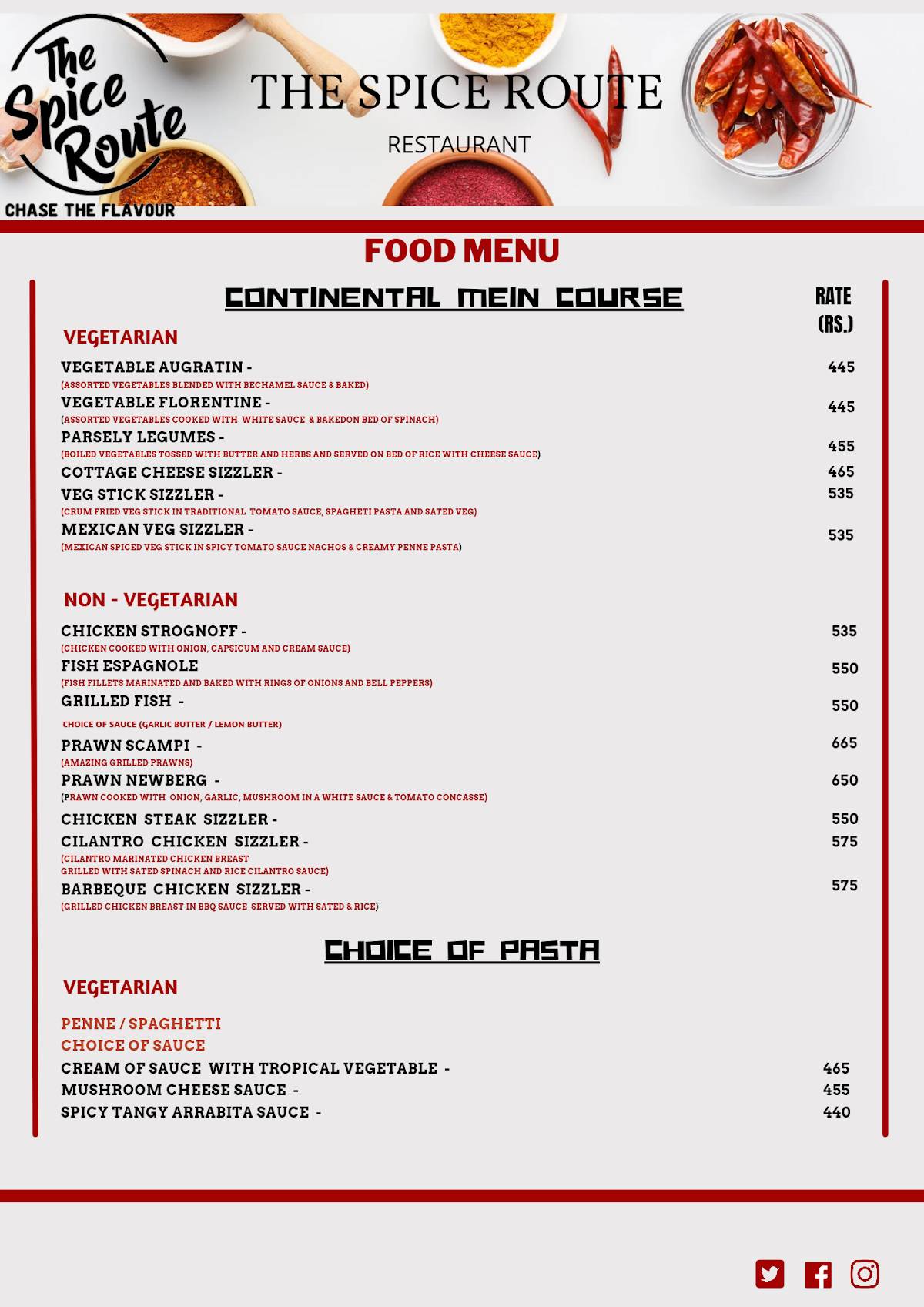 The Spice Route menu