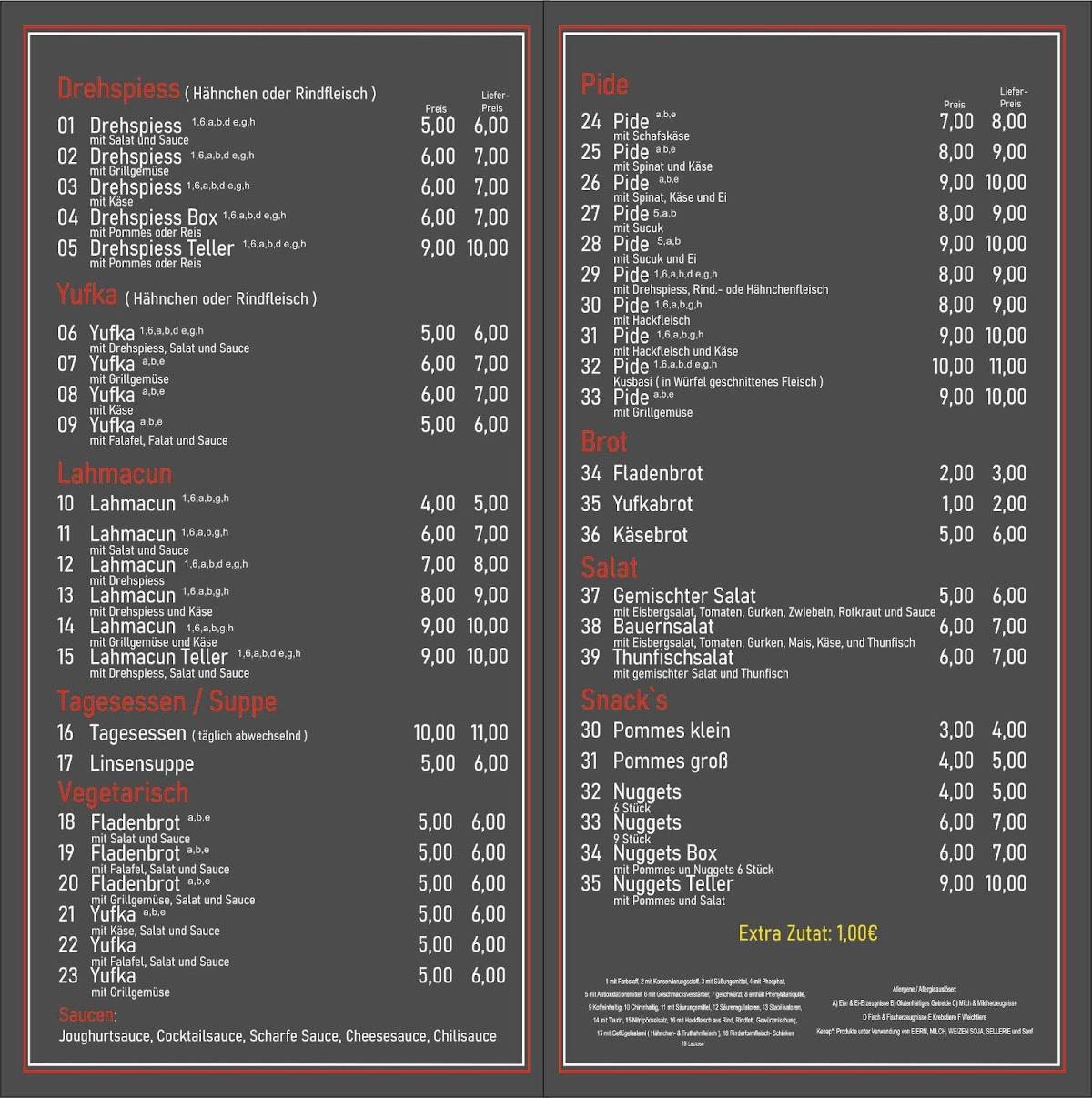 Speisekarte von Hasan Baba Döner Grill restaurant, Pforzheim