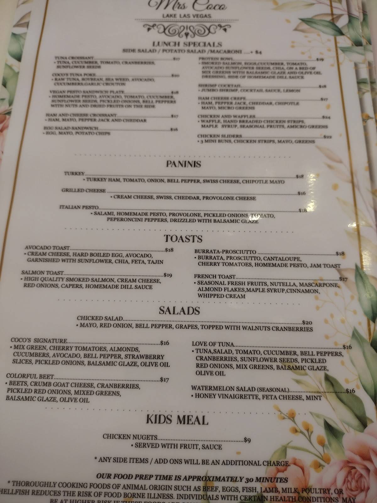 Menu at Mrs Coco cafe, Henderson