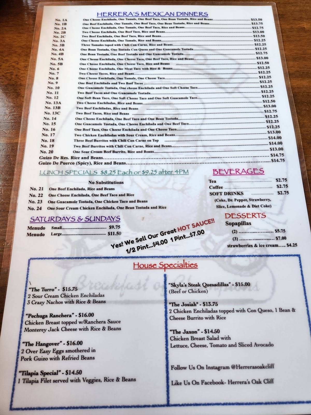 Menu at Herrera's Oak Cliff restaurant, Dallas, W Illinois Ave