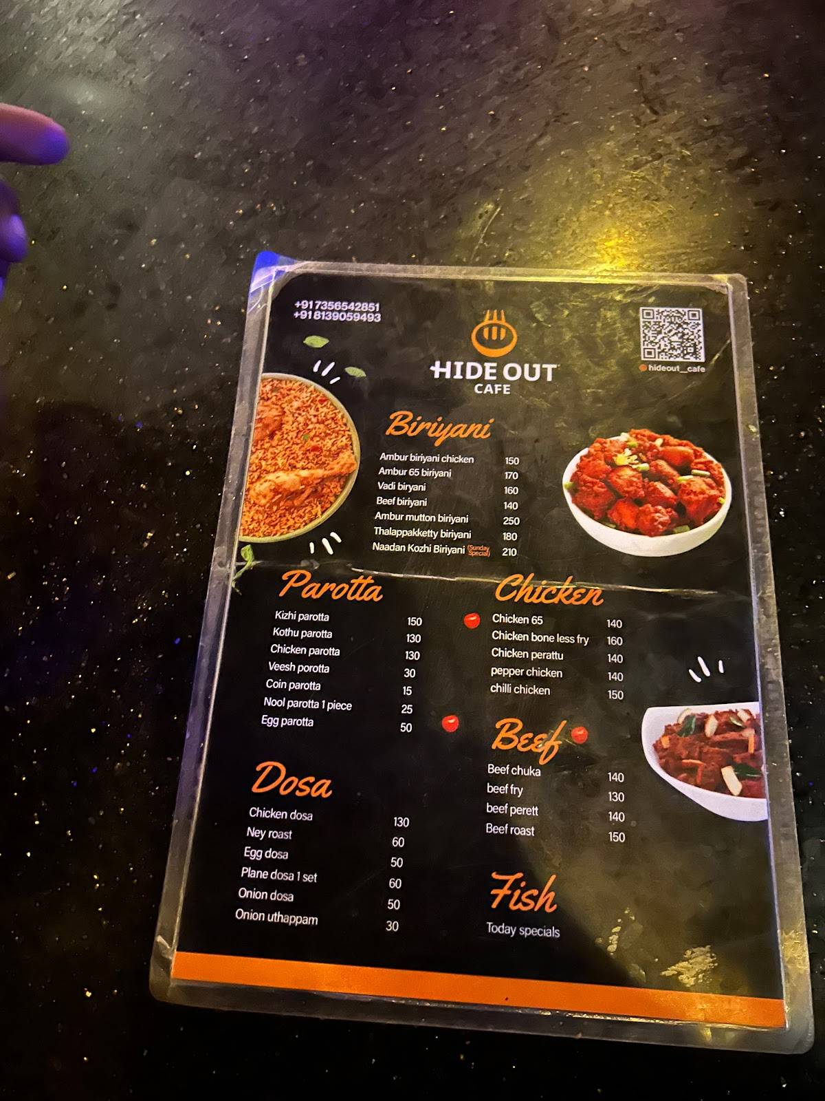 Hide Out Cafe menu