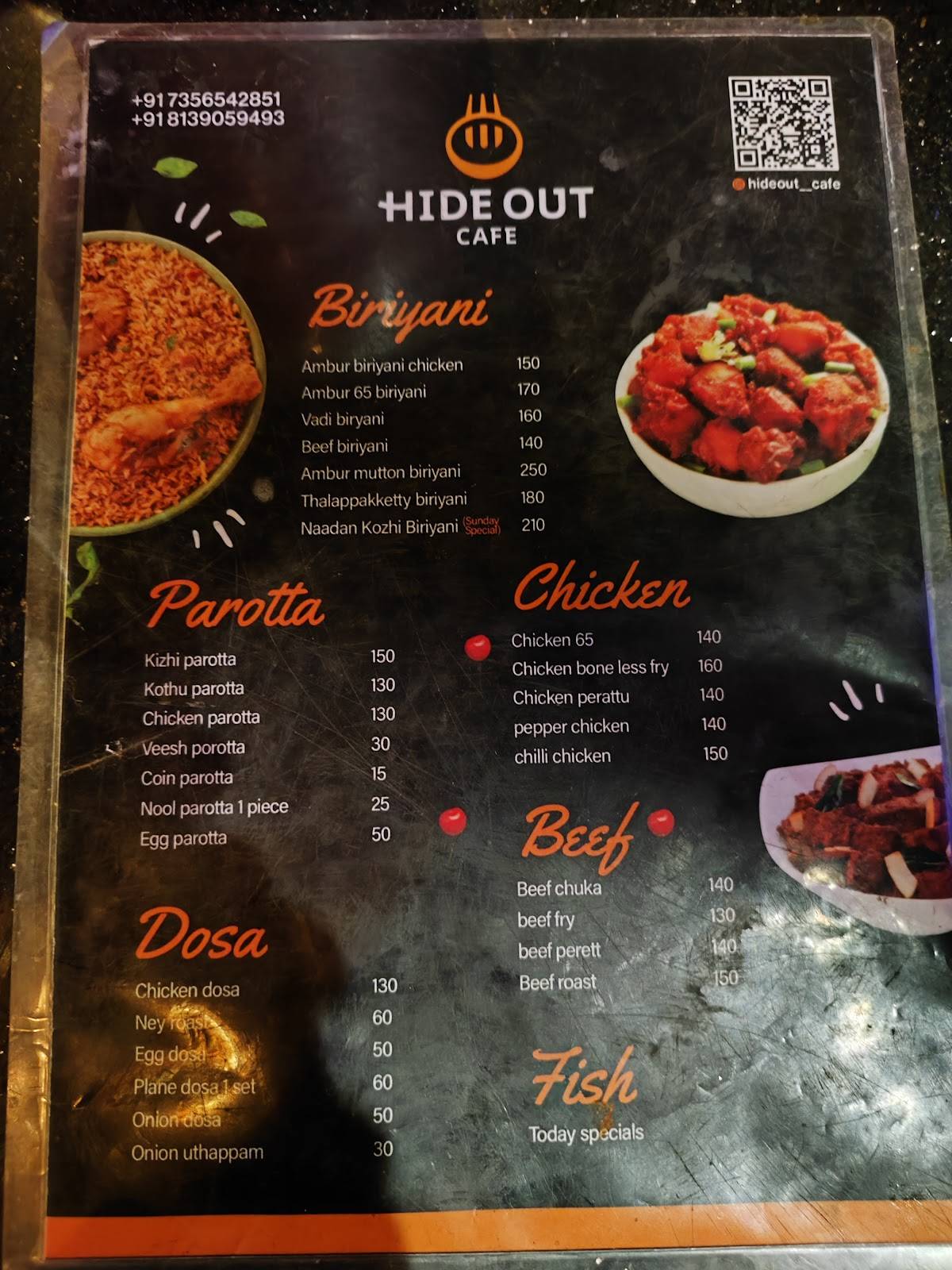 Hide Out Cafe menu