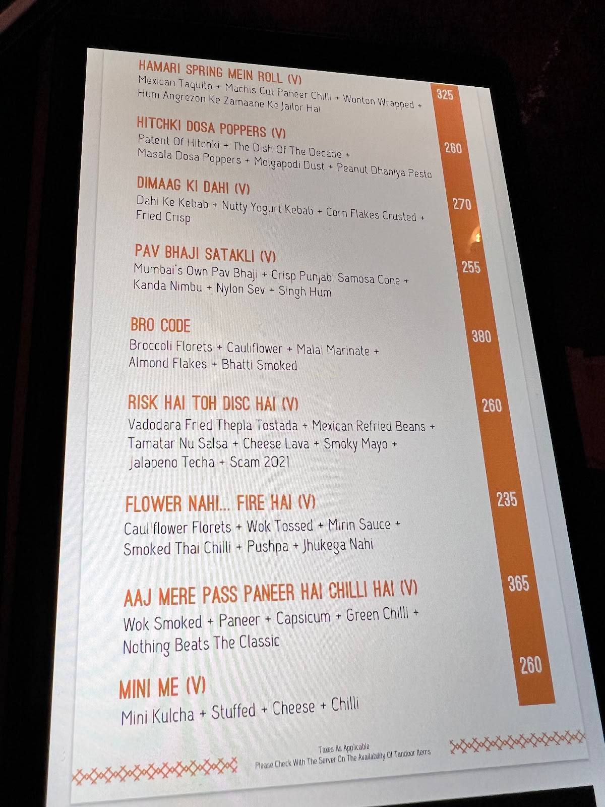 Hitchki Phoenix Palladium, Lower Parel menu