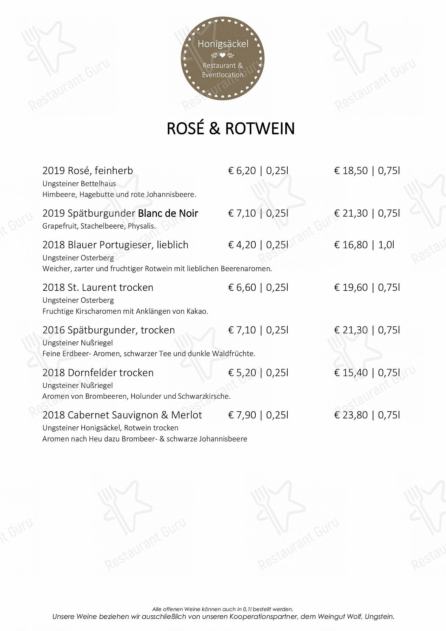 Speisekarte von Restaurant Honigsäckel, Bad Dürkheim, Weinstraße 82