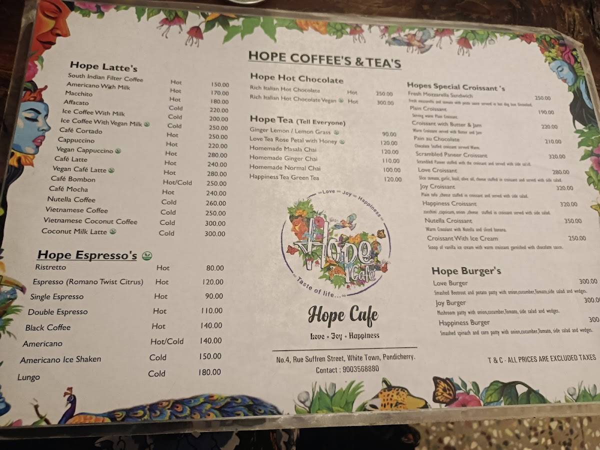 Hope Cafe menu