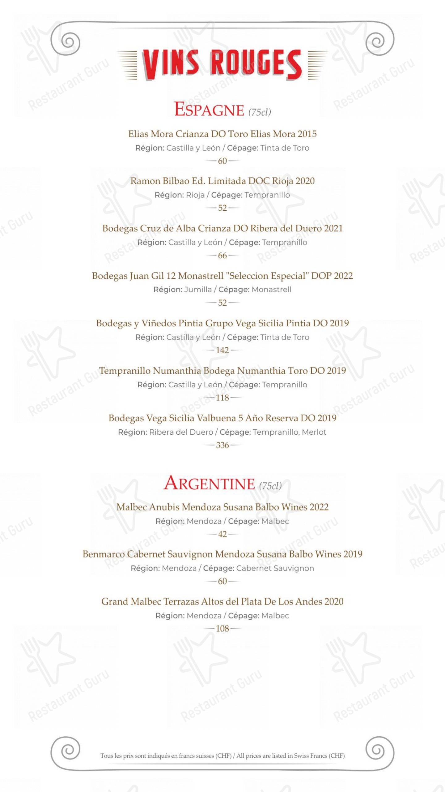 Menu bar per Hostellerie de Genève ristorante