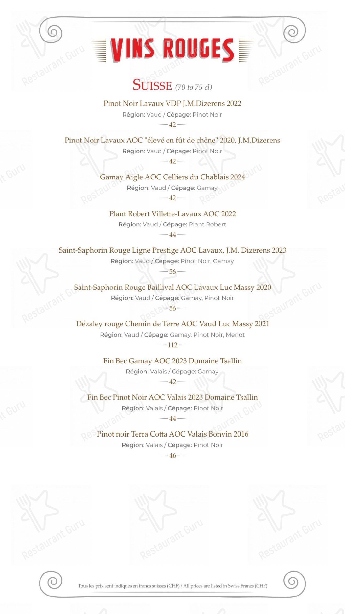 Menu di Hostellerie de Genève - Menu bar