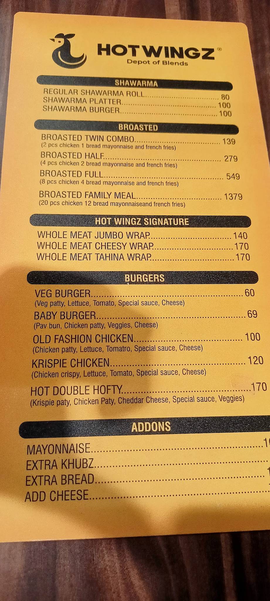 Hot Wingz menu