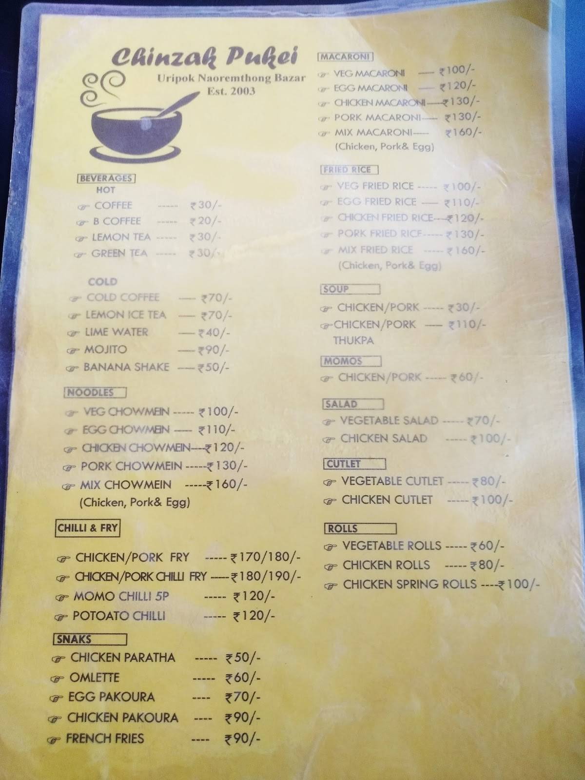 Hotel Chinzak Pukei menu