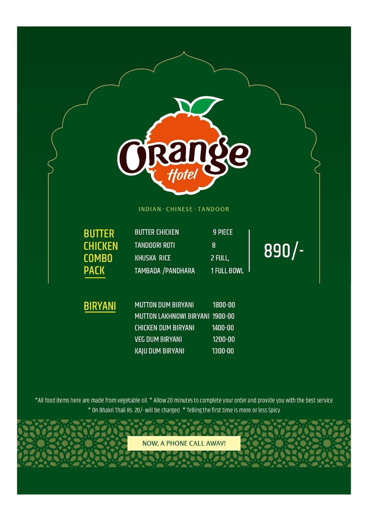 Hotel Orange A/c family restaurant menu