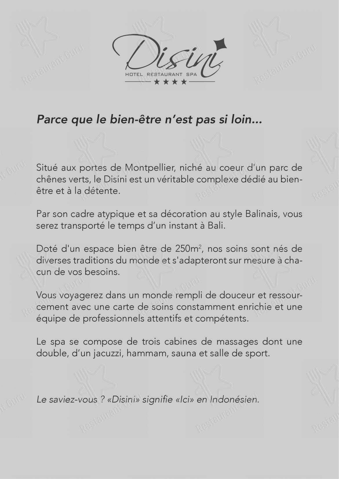 Menu pour Disini - repas et boissons