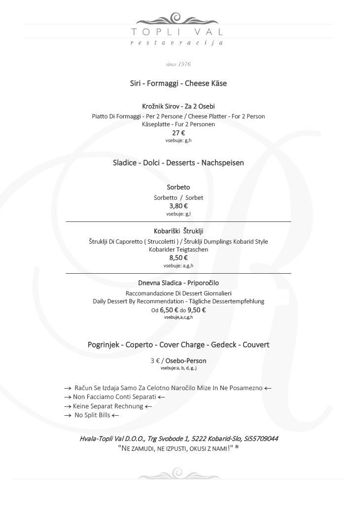 Menu di Hotel Hvala 