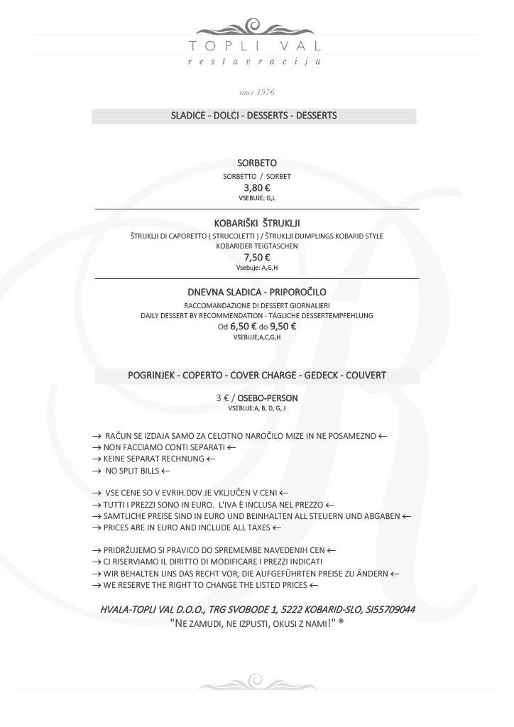 Menu di Hotel Hvala 