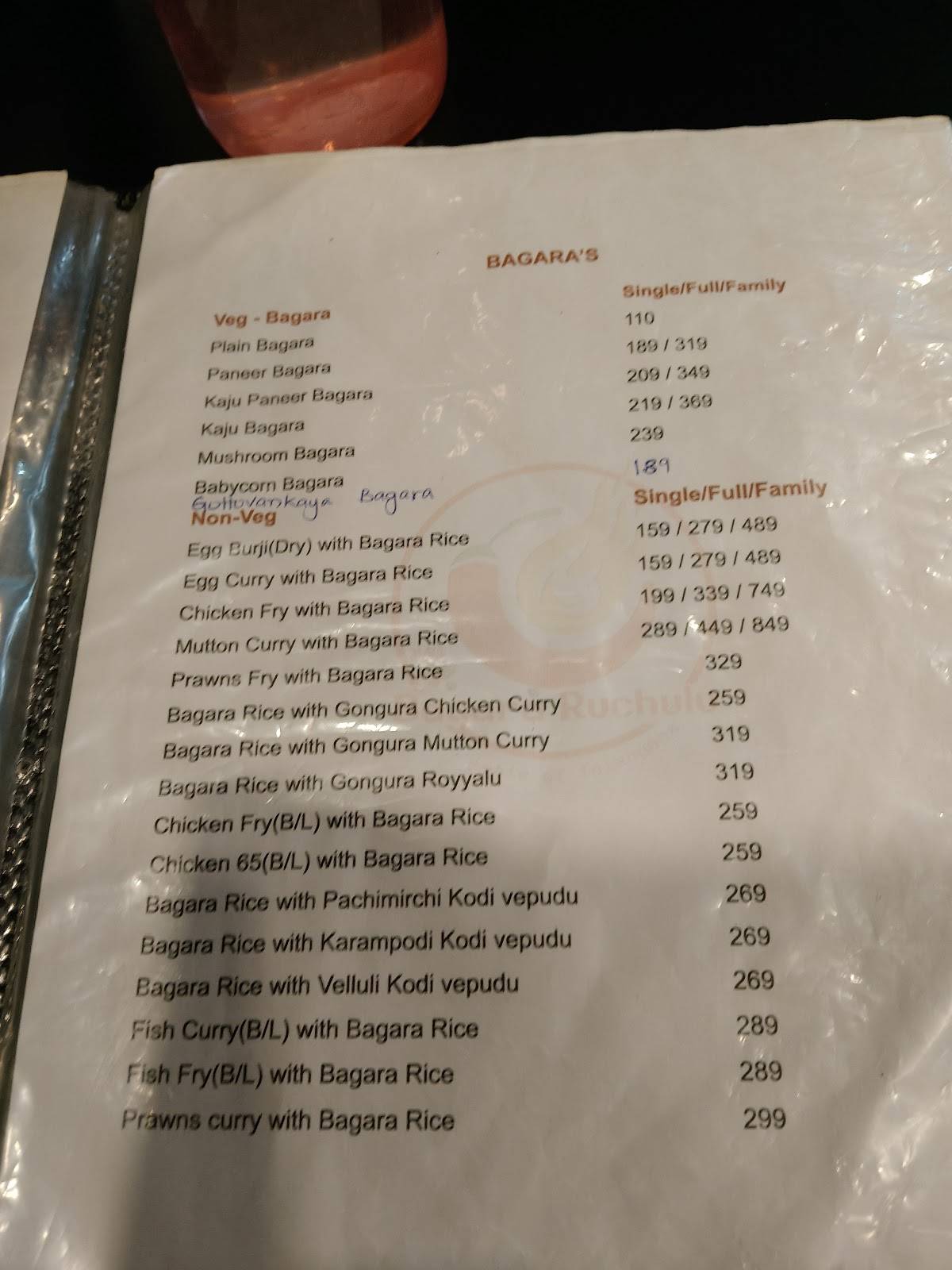 Bagara Ruchulu menu