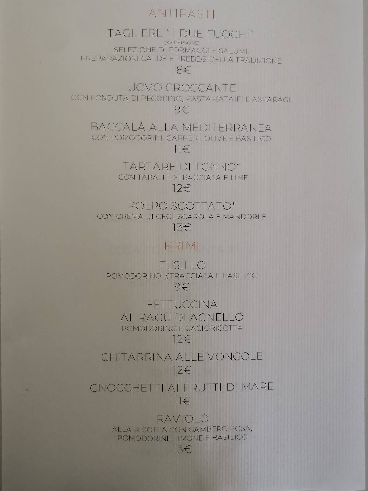 Menu di I due fuochi 