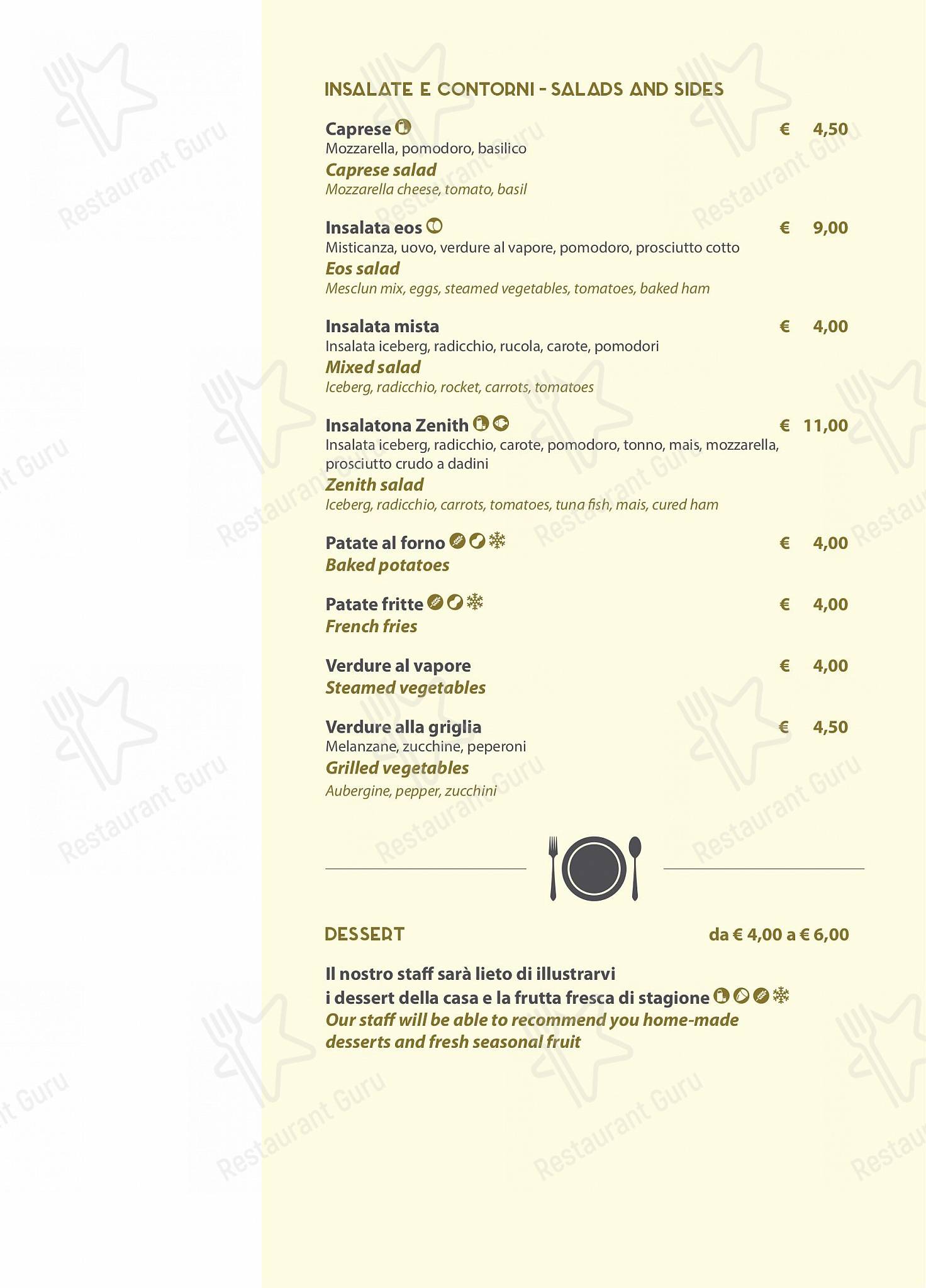 Основное меню per Zenith Ristorante Pizzeria Enoteco caffè bar