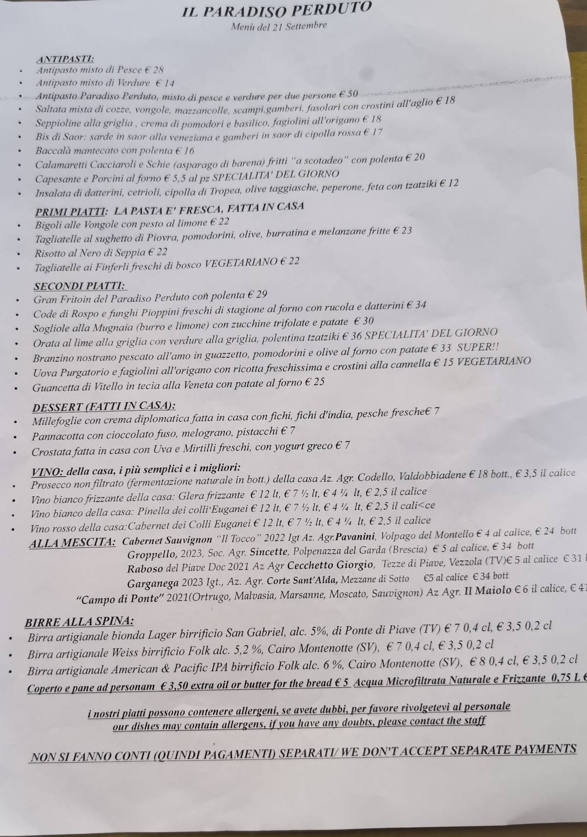 Menu di Paradiso Perduto 