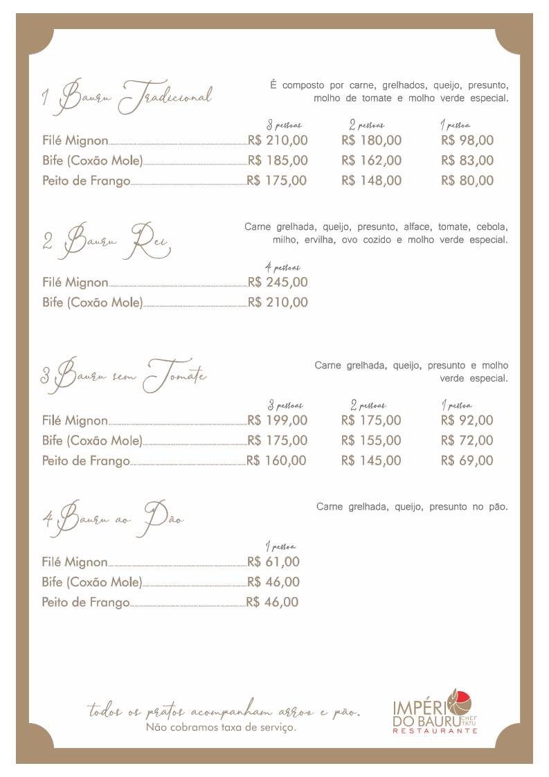 Império do bauru cardápio