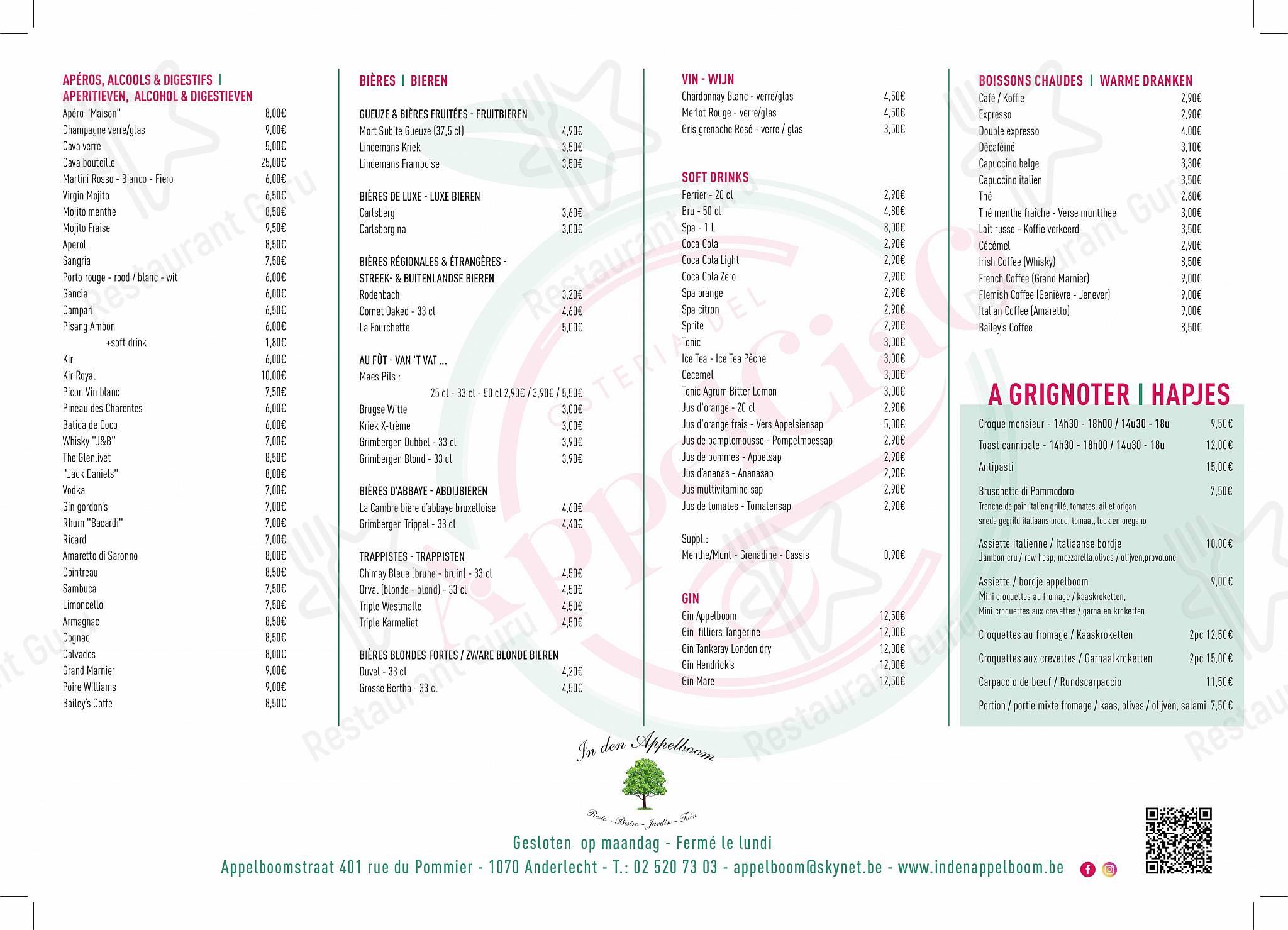 Основное меню pour In den Appelboom dans Anderlecht