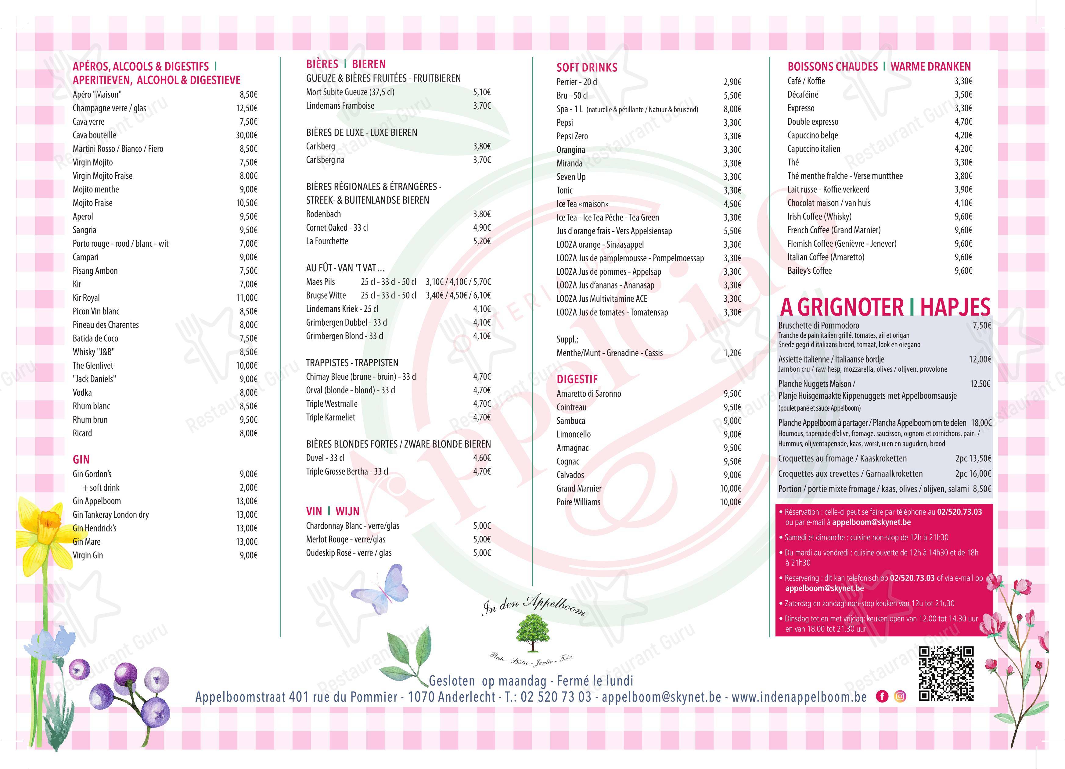 Menu bar pour In den Appelboom restaurant