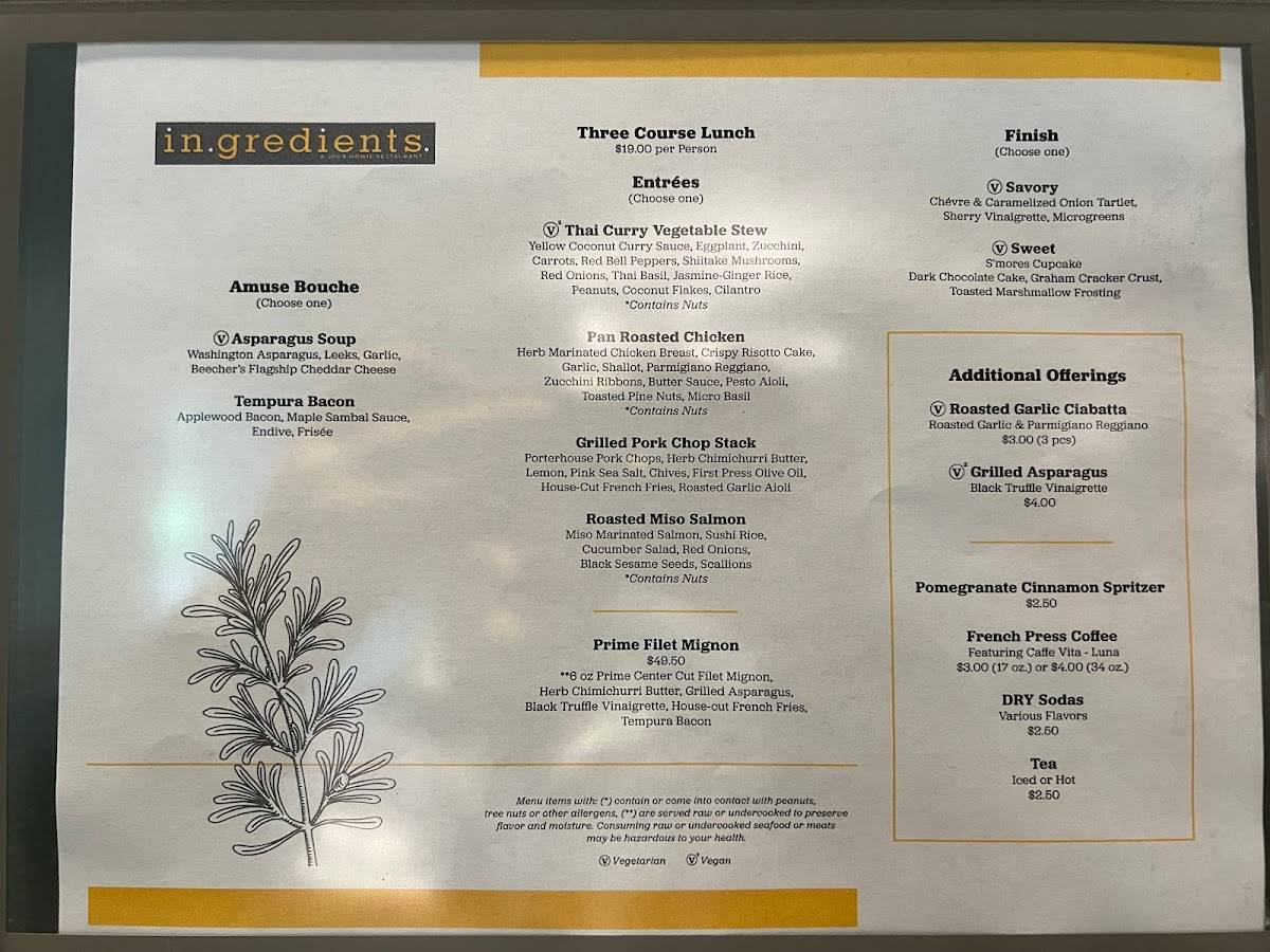 Menu at In.gredients restaurant, Redmond