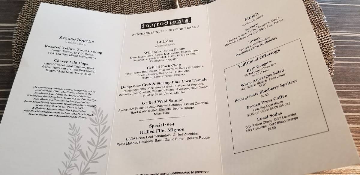 Menu at In.gredients restaurant, Redmond