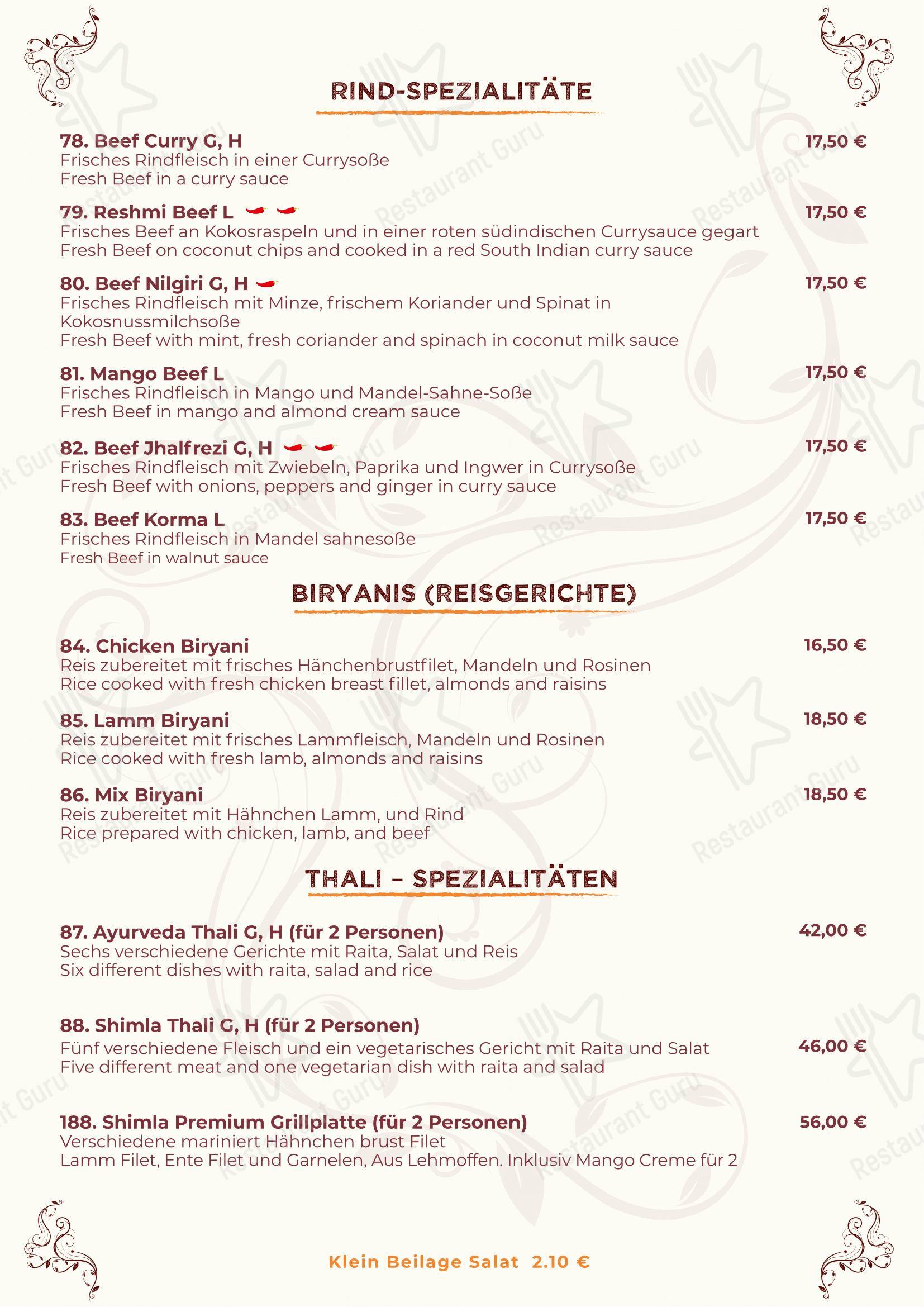 Menu pour Indisches Spezialität Restaurant Shimla Germering - Menu bar
