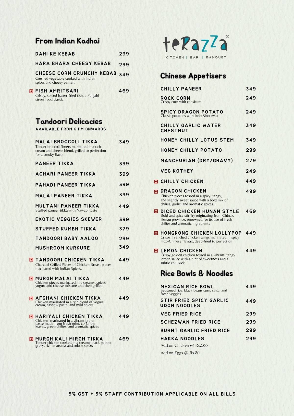 Terazza Bar and Kitchen menu