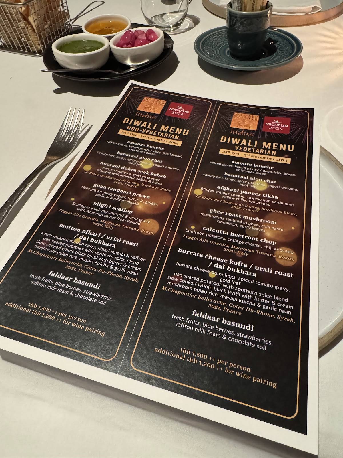 Menu at Indus restaurant, Bangkok