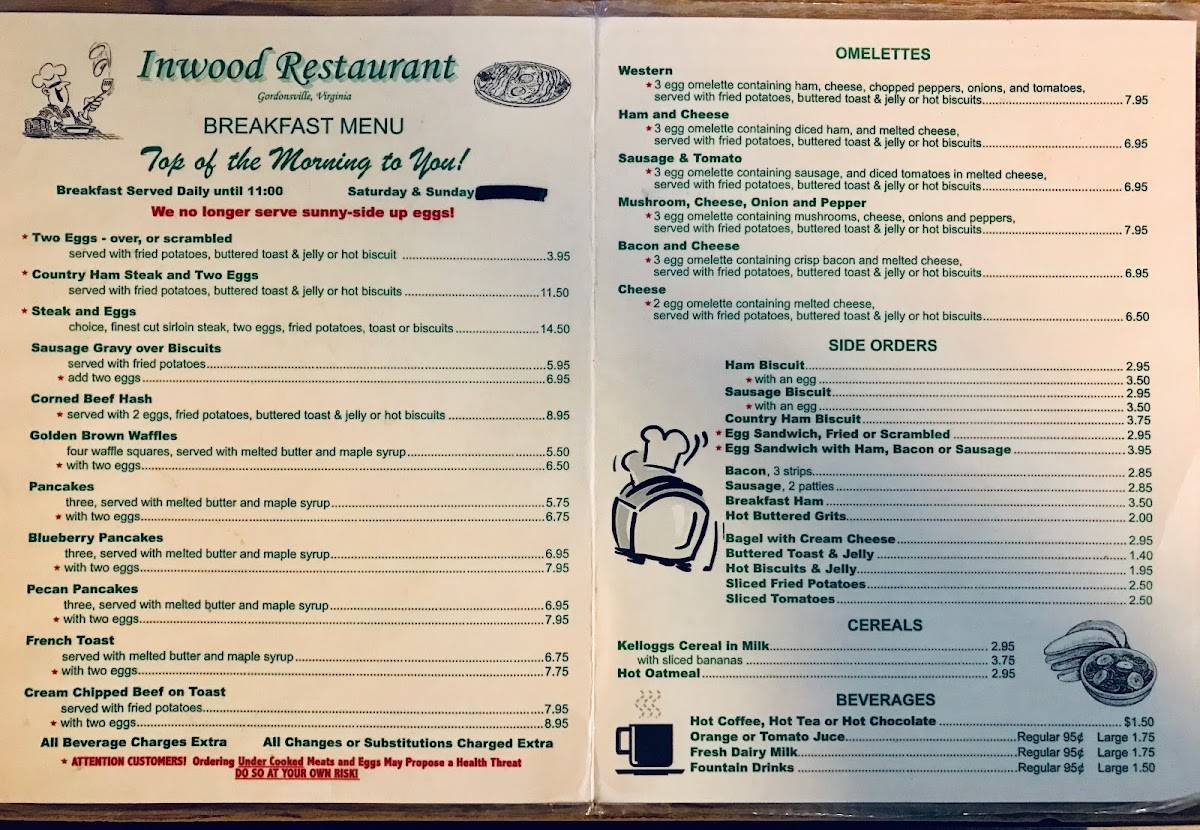 Menu at Inwood Restaurant, Gordonsville