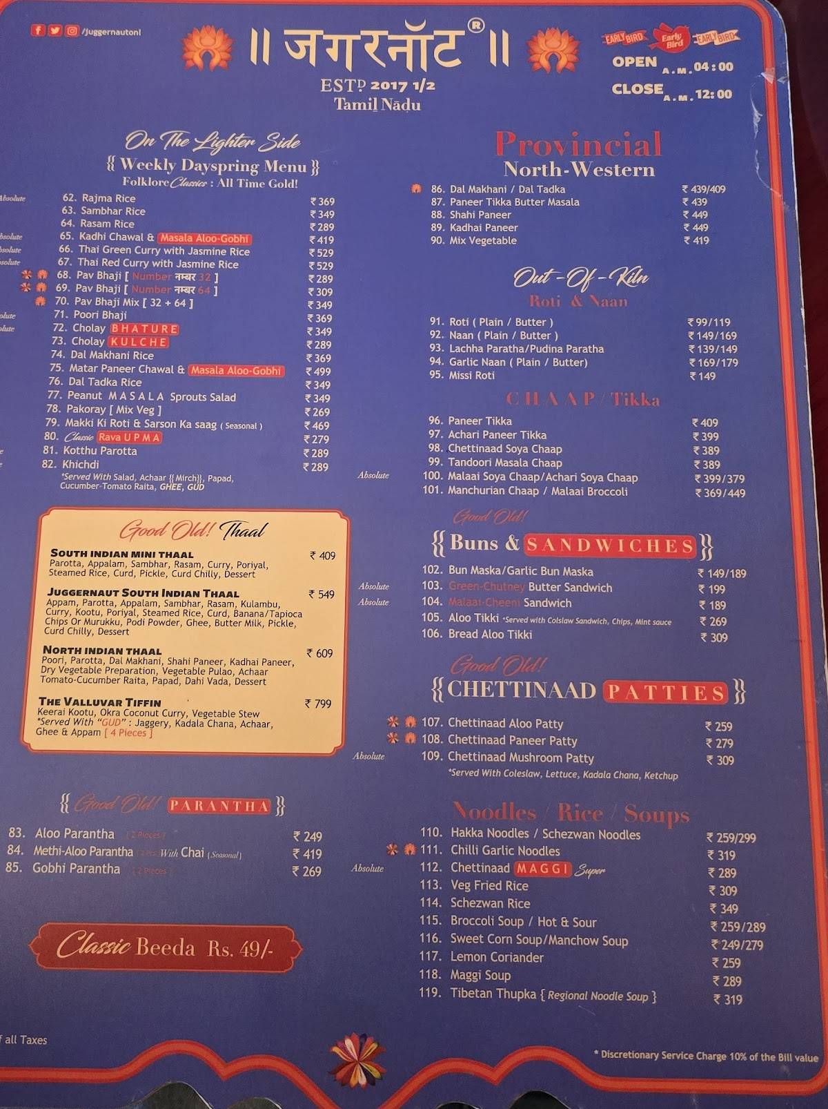 J U G G E R N A U T, Rajouri Garden menu