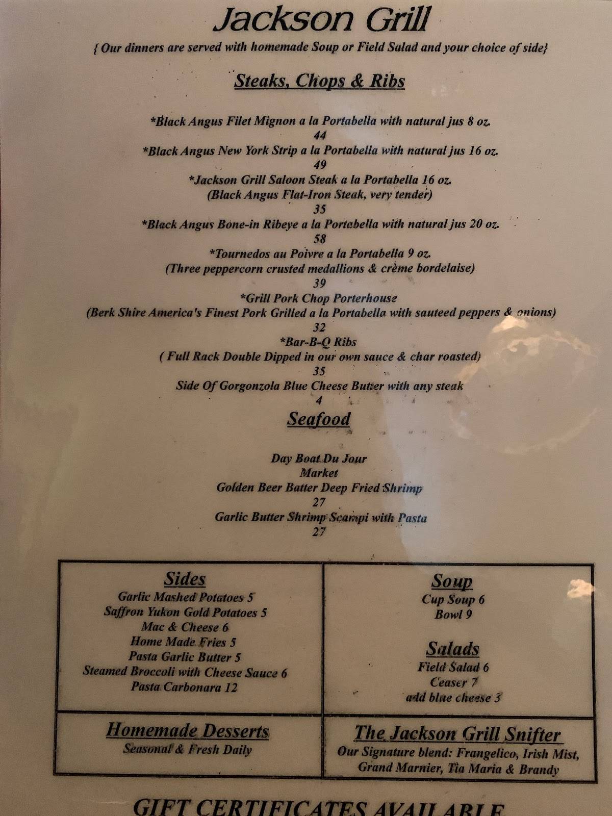 Menu at The Jackson Grill steakhouse, Milwaukee